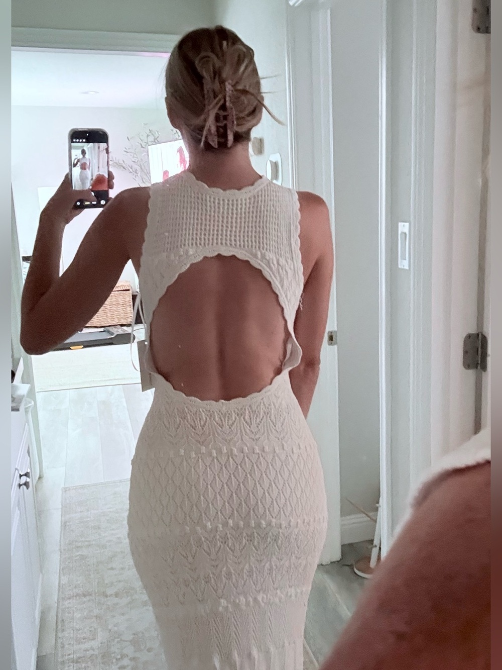 Torn by Ronny Kobo White Crochet Fringe Maxi Dress